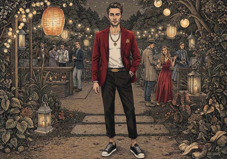 Czerwona marynarka z aksamitu – odważny zestaw na imprezę w ogrodzie