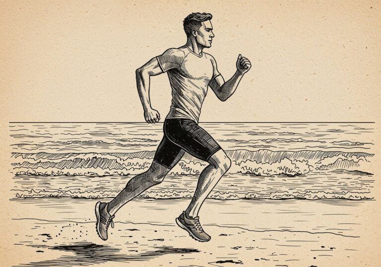 Idealny strój na plażowe wyzwania – szary t-shirt z kompresyjnymi szortami i butami do biegania