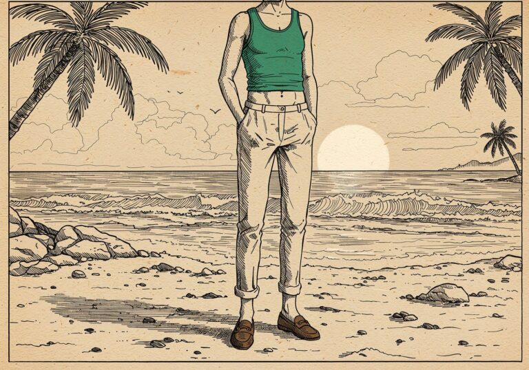 Szmaragdowy tank top z wąskimi chinosami – idealna stylizacja na tropikalny relaks