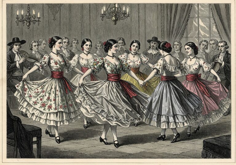Tancerki sardany w katalońskim dworze – eteryczne kostiumy pełne radości i zmysłowości
