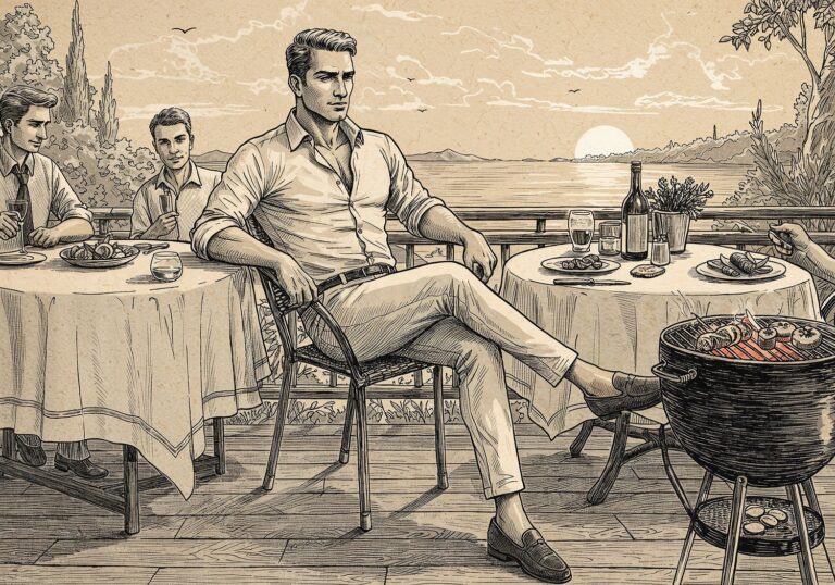 Elegancka biel na letni obiad – dopasowana koszula z chinosami i loafersami