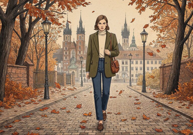 Jesienny look z klasą – oliwkowa marynarka z wełny na zwiedzanie historycznego miasta