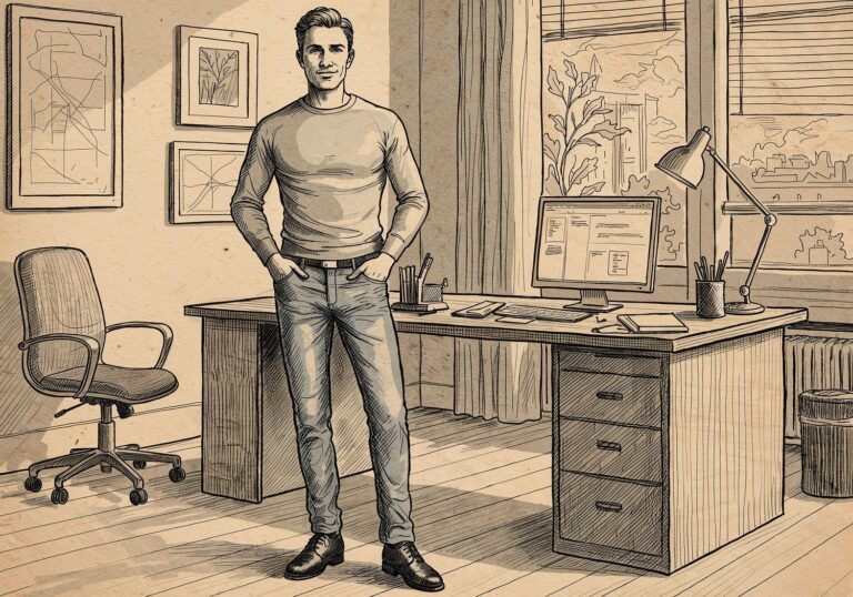 Stylowy zestaw na chłodne dni w biurze – obcisły longsleeve w graficie z jeansami slim i skórzanymi butami