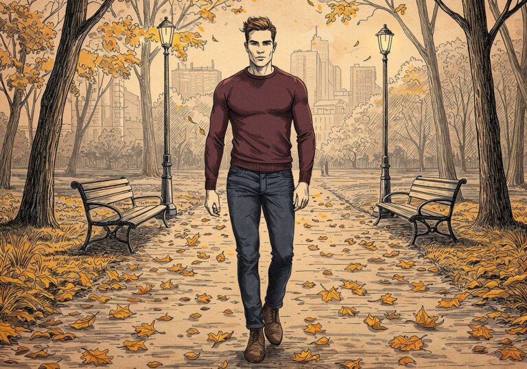 Stylowy zestaw na jesienny spacer – obcisły sweter bordo podkreślający męską sylwetkę