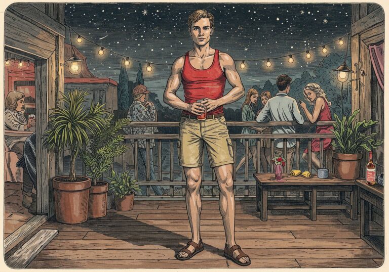 Czerwony tank top z slim szortami – idealny strój na letnią imprezę na tarasie