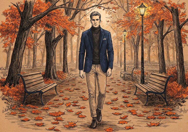 Jesienna elegancja w granatowym tonie – marynarka z wąskimi klapami na stylowy spacer