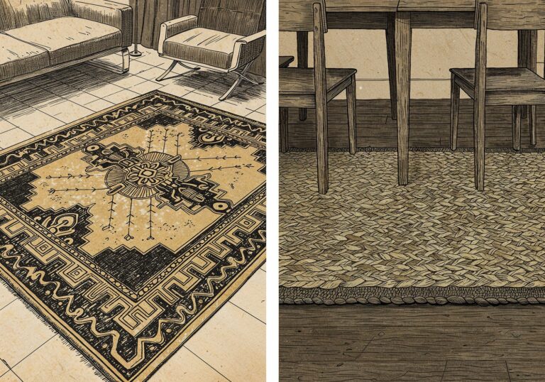Sztuka wyboru dywanu – geometryczne wzory Art Deco kontra plecione maty Mid-Century