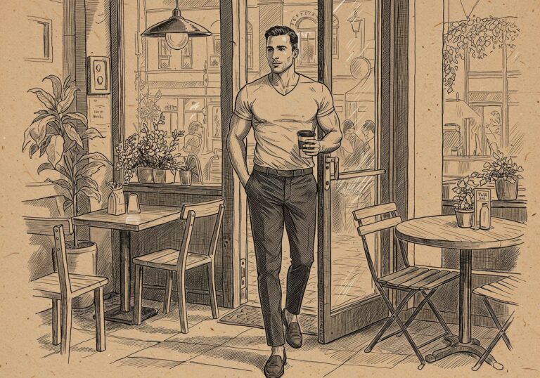 Stylowa koszulka khaki z dekoltem w serek – look na popołudniowe spotkanie w kawiarni