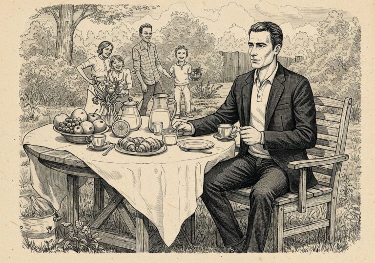 Elegancki relaks w ogrodzie – Ciemnoszara marynarka w jodełkę na weekendowy brunch z rodziną