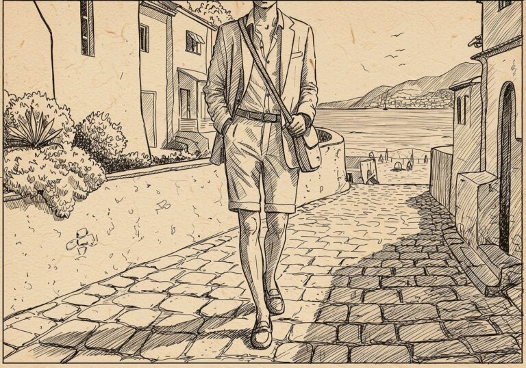 Stylowa beżowa marynarka z lnu – zestaw z szortami khaki i loafersami na letnie dni nad morzem