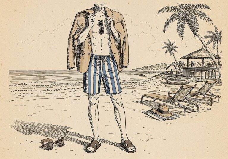Stylowy relaks w tropikach – piaskowa marynarka z lnu z szortami w paski i sandałami na plażowy dzień