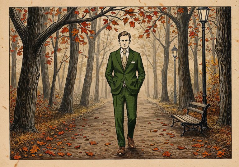 Jesienny spacer w elegancji – stonowany garnitur w zieleni butelkowej z kremową koszulą i brązowymi butami