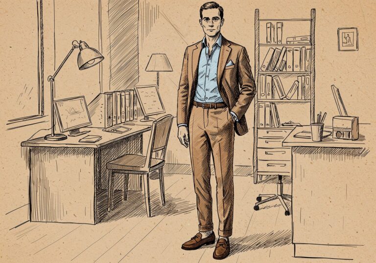 Brązowy garnitur na co dzień – luźny look do biura z koszulą bez krawata i zamszowymi butami