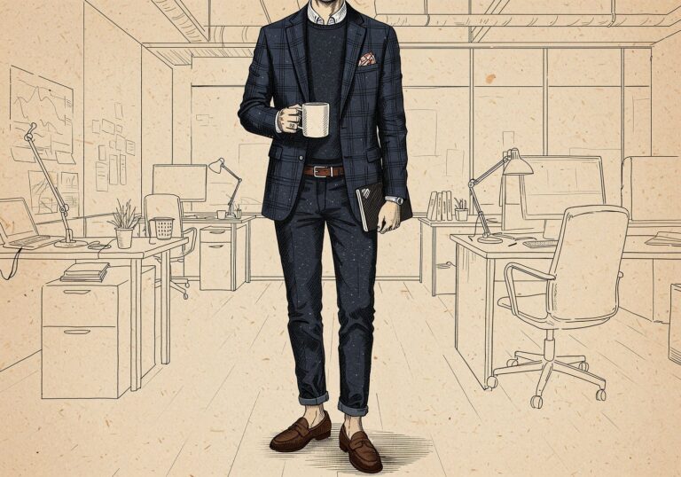 Elegancka casualowość – granatowa marynarka w kratę w biurowym wydaniu