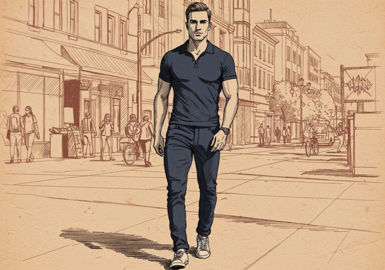 Stylowy casual dla 30-latka – granatowa polo z jeansami i sneakersami na miejski spacer