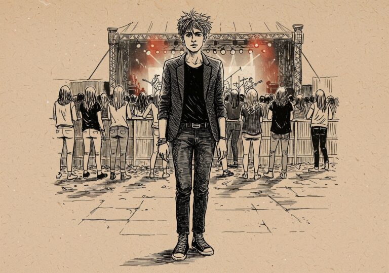 Stylowa nonszalancja na rockowym koncercie – czarna marynarka z t-shirtem i jeansami w letni wieczór