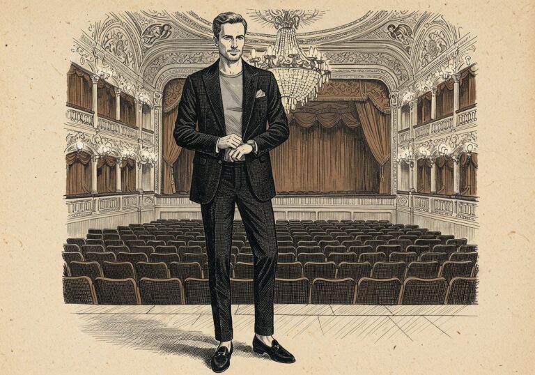 Subtelna elegancja na wieczór w teatrze – czarna marynarka z aksamitnymi klapami w centrum uwagi