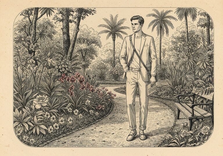 Stylowy letni spacer po ogrodzie botanicznym – casualowy garnitur piaskowy z t-shirtem i zamszowymi butami