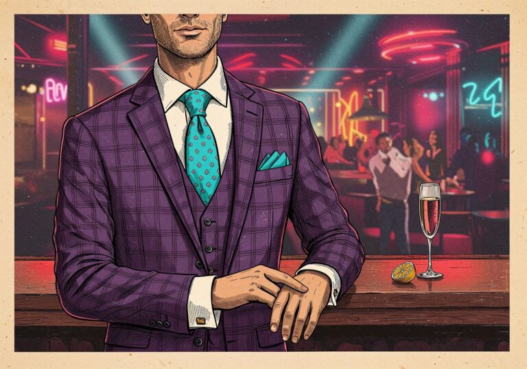 Ekstrawagancki urok fioletowego garnituru w kratę – stylizacja na ekskluzywną imprezę klubową