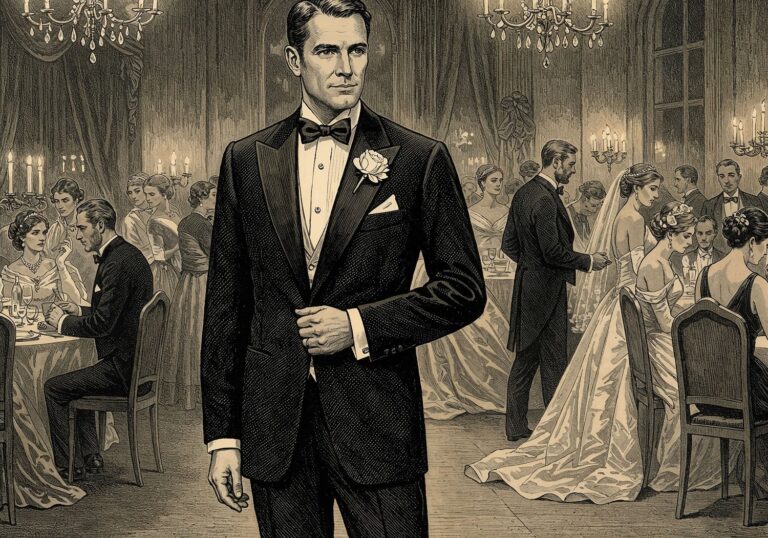 Czarna elegancja na wieczornym ślubie – przewodnik po klasycznym garniturze z satynowymi klapami