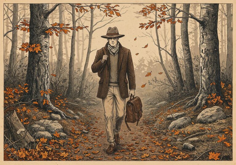 Elegancki spacer po lesie – brązowa marynarka z tweedu w jesiennej odsłonie z klasą