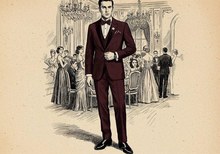 Garnitur wieczorowy w głębokim bordzie – elegancka stylizacja na bal charytatywny z klasą