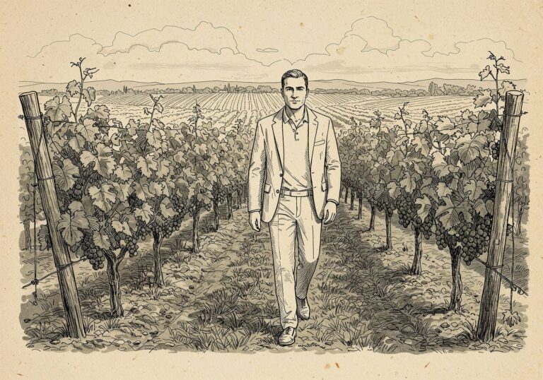 Elegancki letni styl – kremowa marynarka lniana z białym polo i beżowymi spodniami na spacer po winnicy