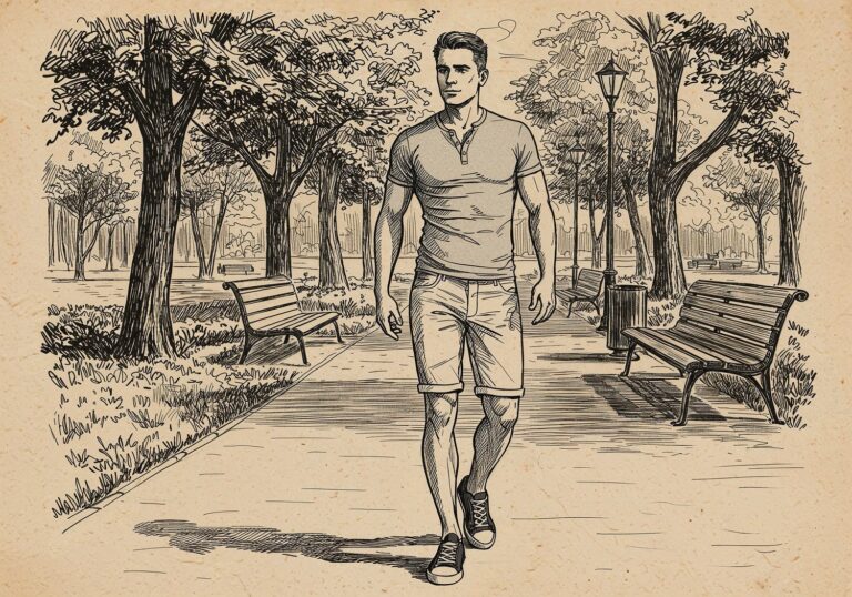 Stylowy zestaw na letni spacer w parku – szara koszulka henley z szortami slim i trampkami