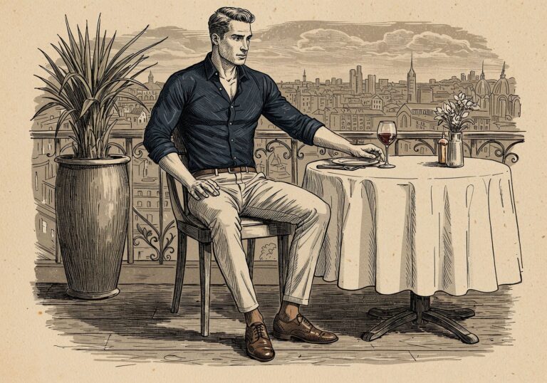 Elegancka granatowa koszula w duecie z chinosami – idealny strój na kolację podkreślający atletyzm