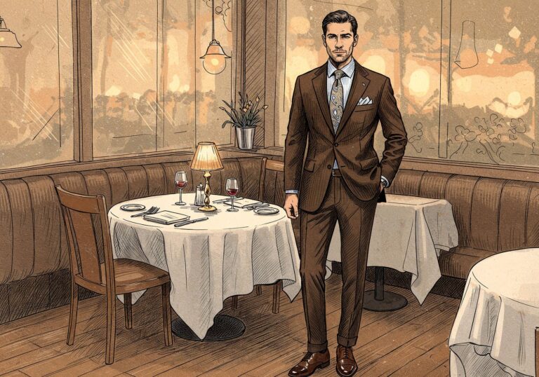 Elegancki zestaw na popołudniowe spotkanie – stonowany garnitur czekoladowy z niebieską koszulą