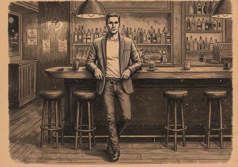 Szara marynarka slim – stylowy zestaw na wieczór w barze