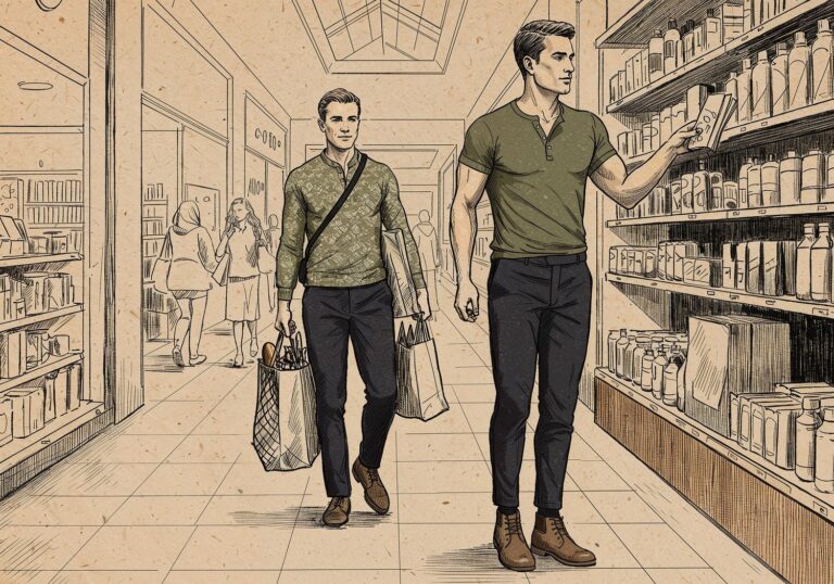 Dopasowana koszulka henley w oliwce – stylowy look na codzienne zakupy z akcentem na sylwetkę