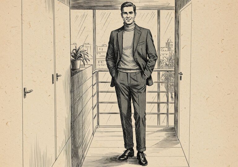 Elegancki garnitur grafitowy z wąską marynarką – stylowy wybór na chłodne biurowe dni