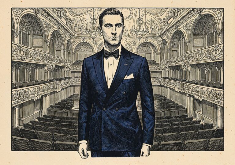 Elegancki garnitur wieczorowy w głębokim granacie – klasa i styl na filharmoniczną noc