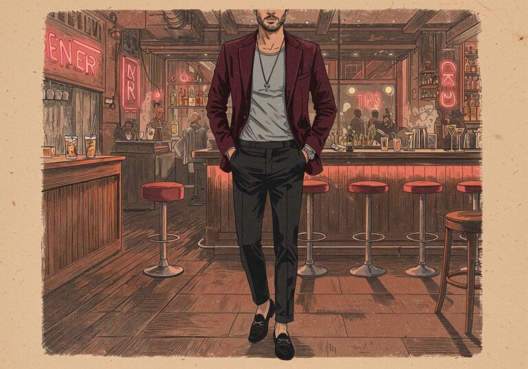 Bordowa marynarka z aksamitu – ekstrawagancka stylizacja na wieczór w modnym barze