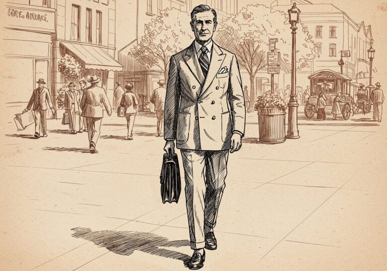 Elegancki mężczyzna w klasycznym garniturze spacerowym – sztuka szycia na miarę dla codziennej elegancji