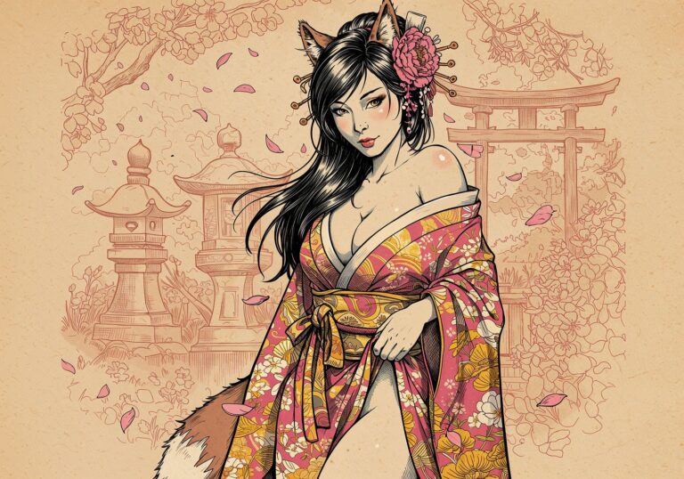 Kitsune – figlarna japońska piękność w skąpym kolorowym kimonie