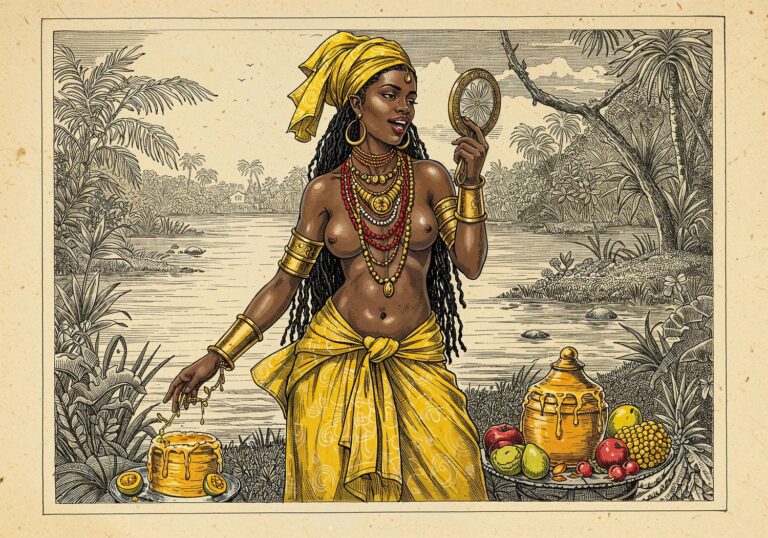 Oshun – bogini miłości w żółtych jedwabiach i złotej biżuterii