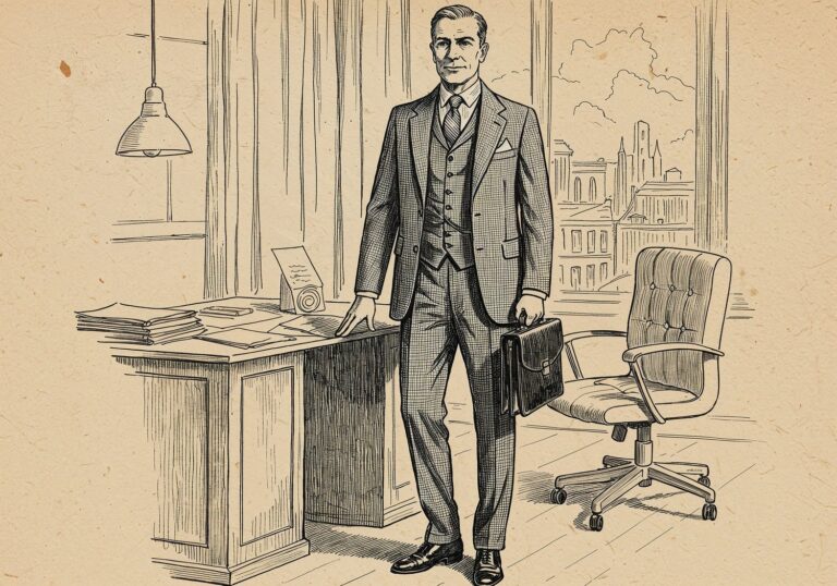 Modny mężczyzna w klasycznym garniturze biurowym – elegancja i wygoda szyte na miarę